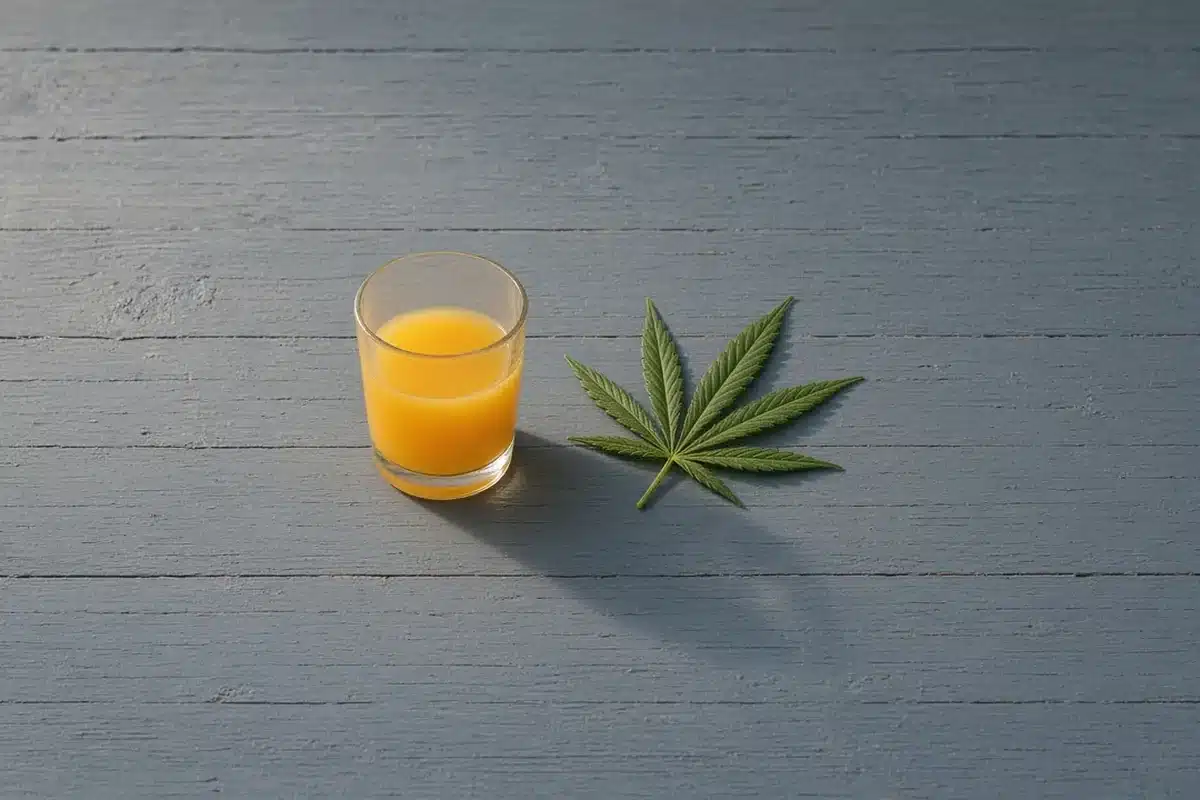 Glass of orange juice and a cannabis leaf