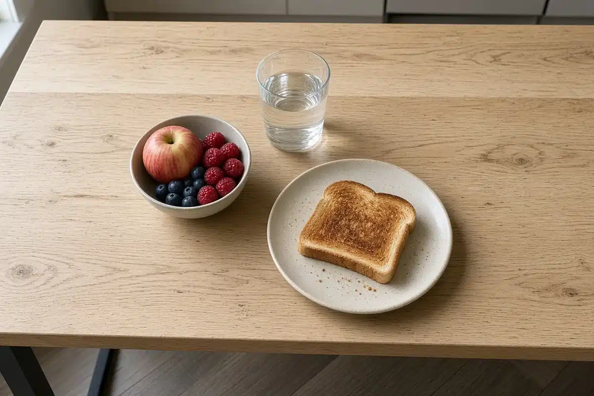 Glass of water and a simple breakfast on a kitchen table