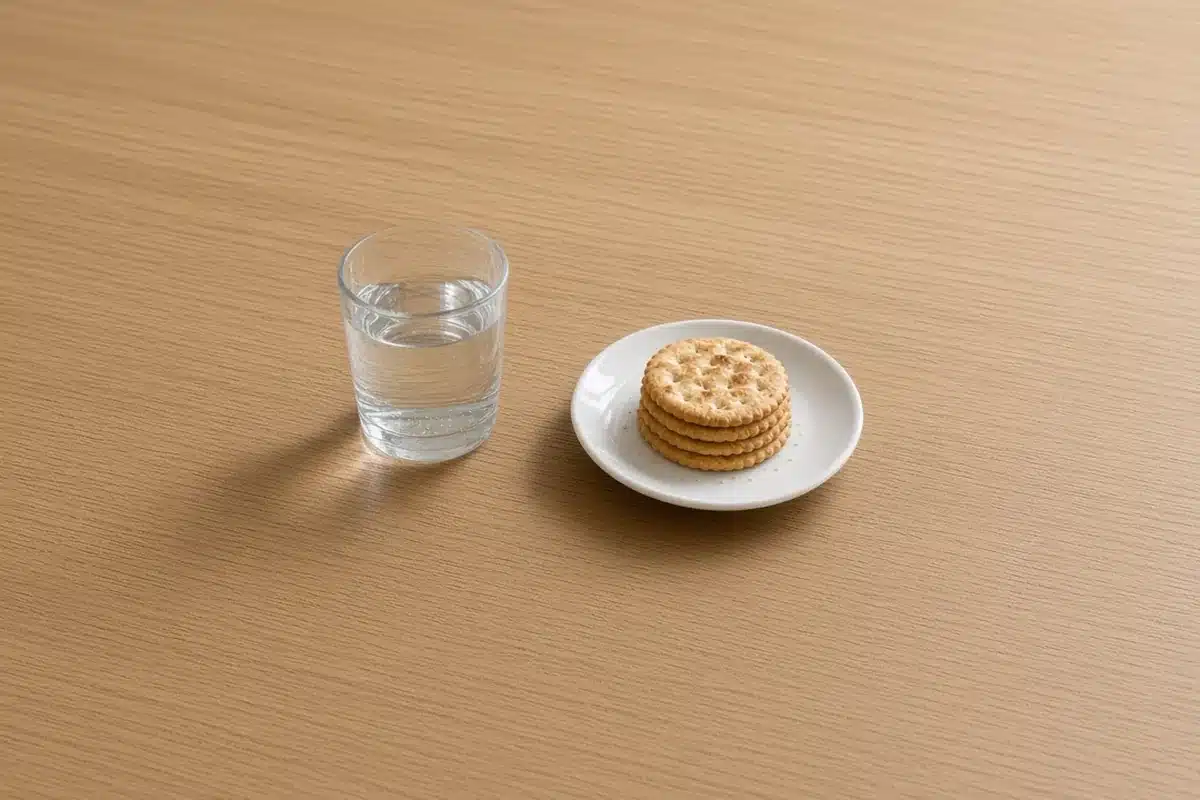 Glass of water and crackers on a table
