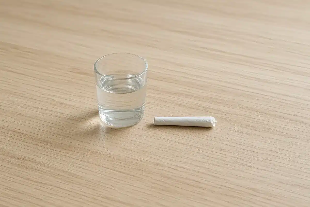 Glass of water beside a rolled joint
