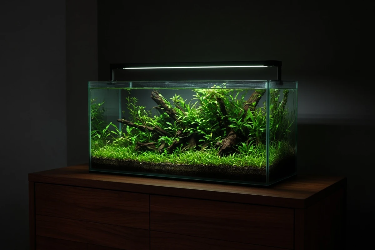 Glass tank lit from above by a slim LED bar