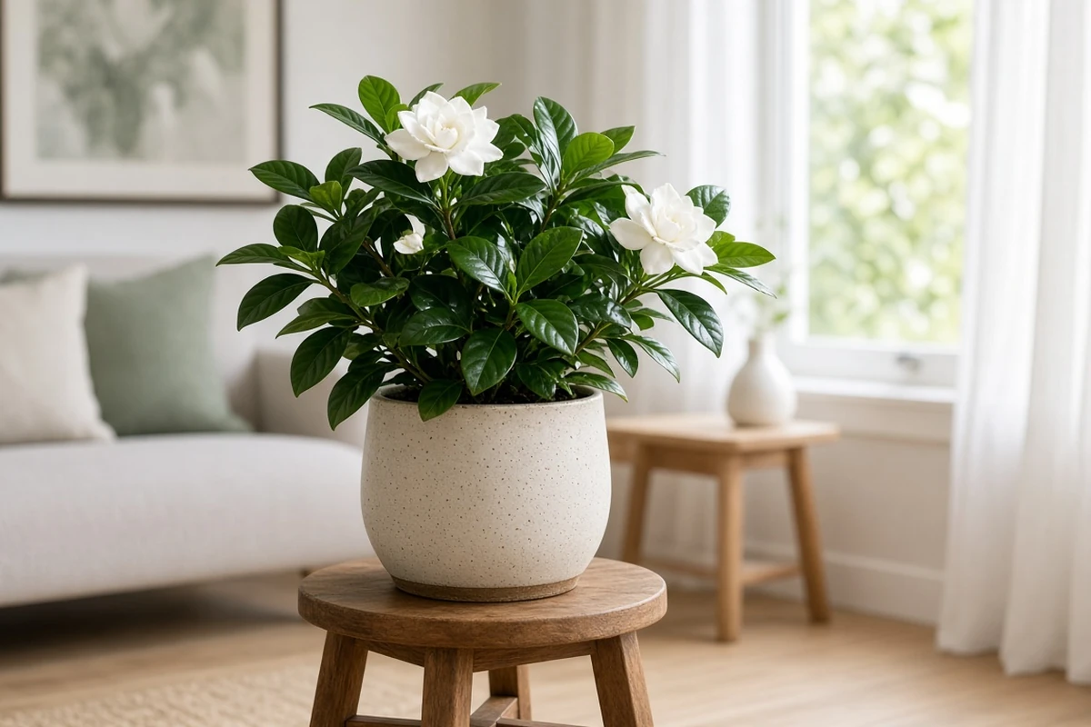 Glossy gardenia leaves on a bright indoor stand