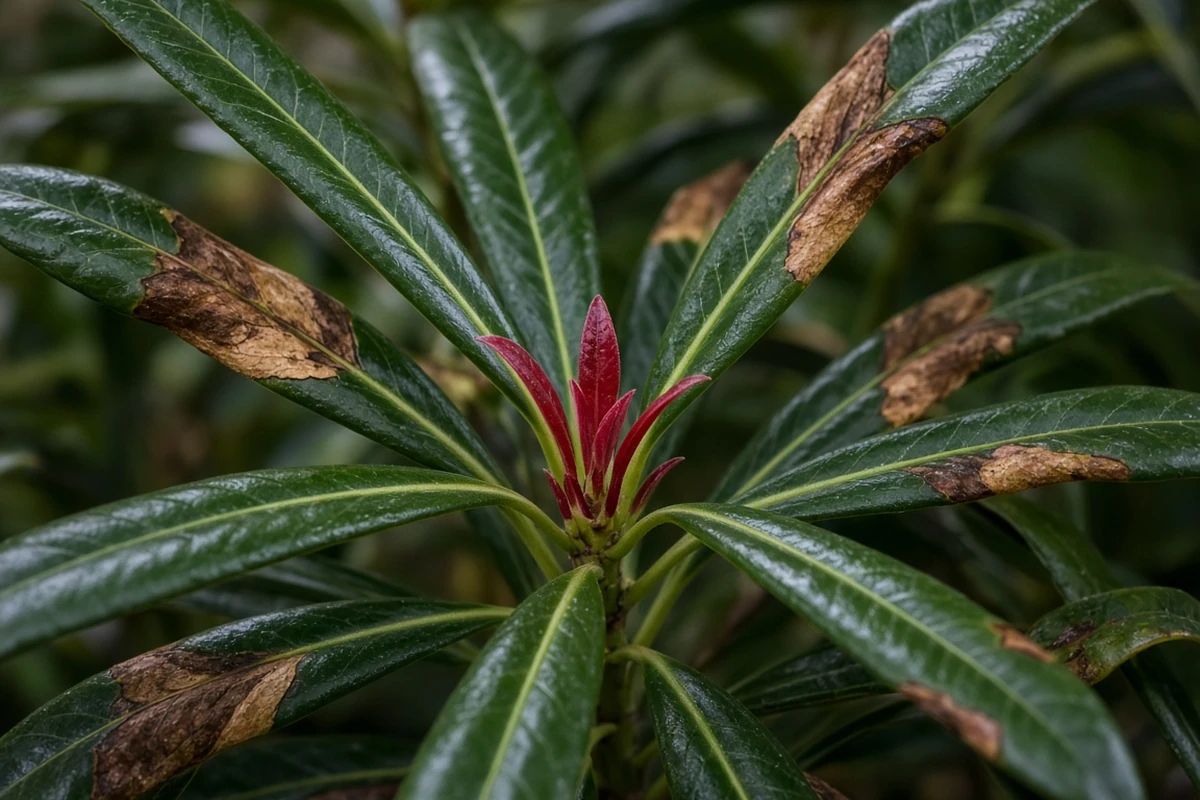 Glossy narrow leaves with brown patches around red new growth