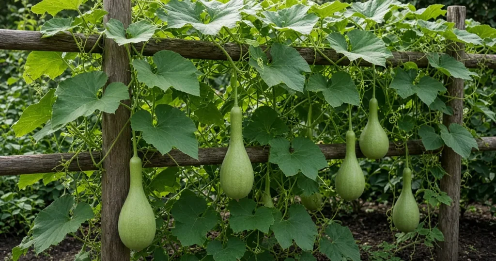 Gourd vines climbing a sturdy trellis
