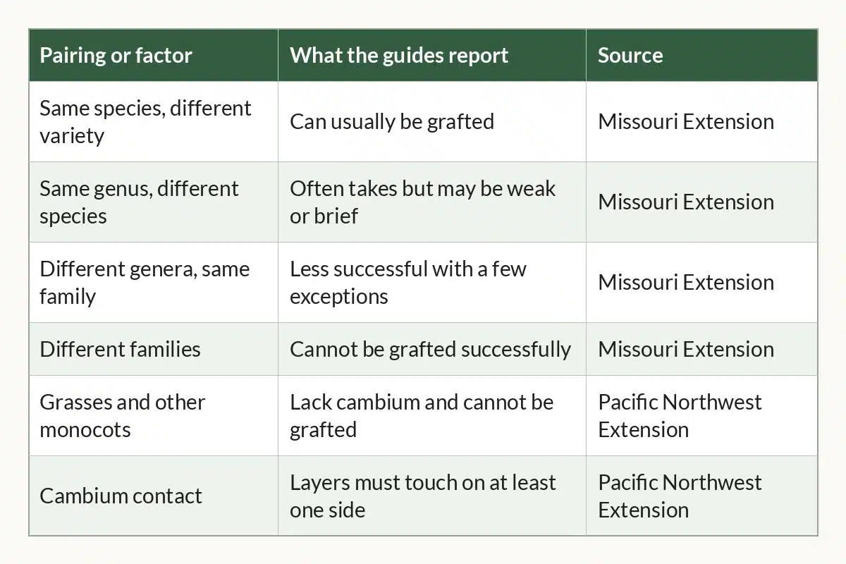 Table graphic of Cannabis Grafting at a Glance for cannabis growers, 6 rows by 3 columns