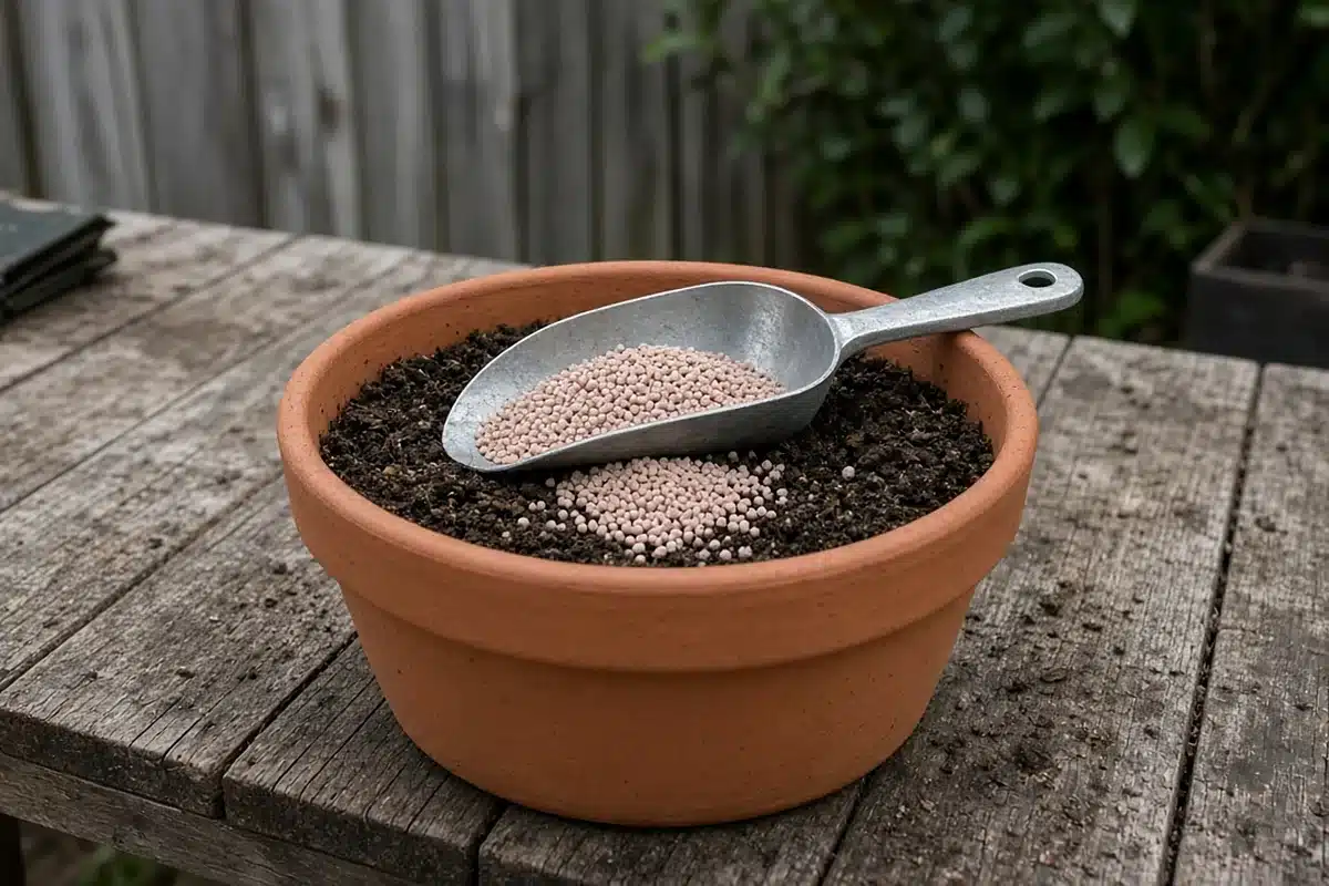 Granular potassium fertilizer in a garden scoop