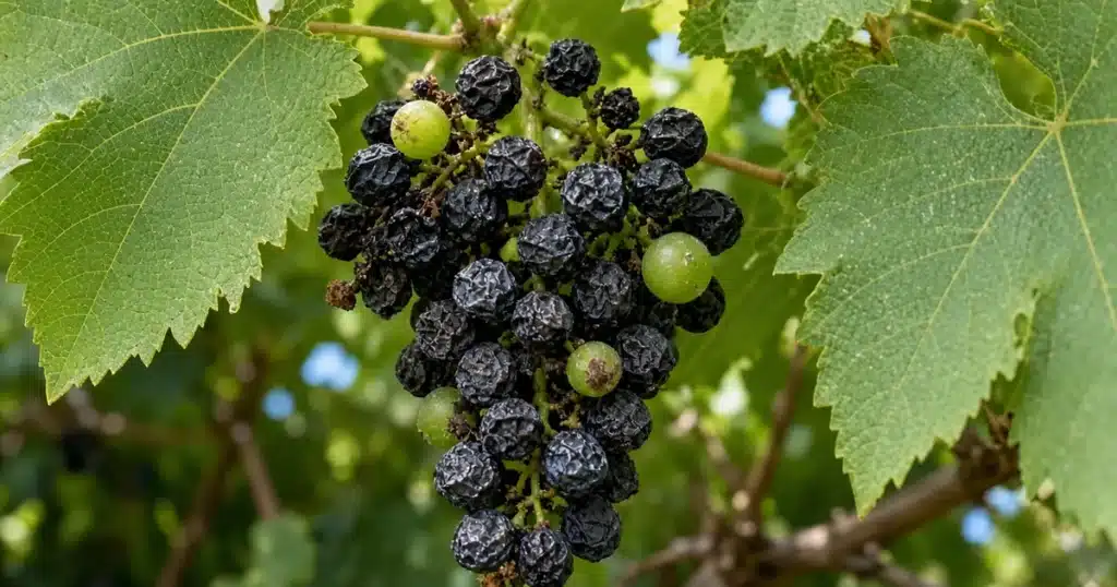 Shriveled black grape mummies on a cluster