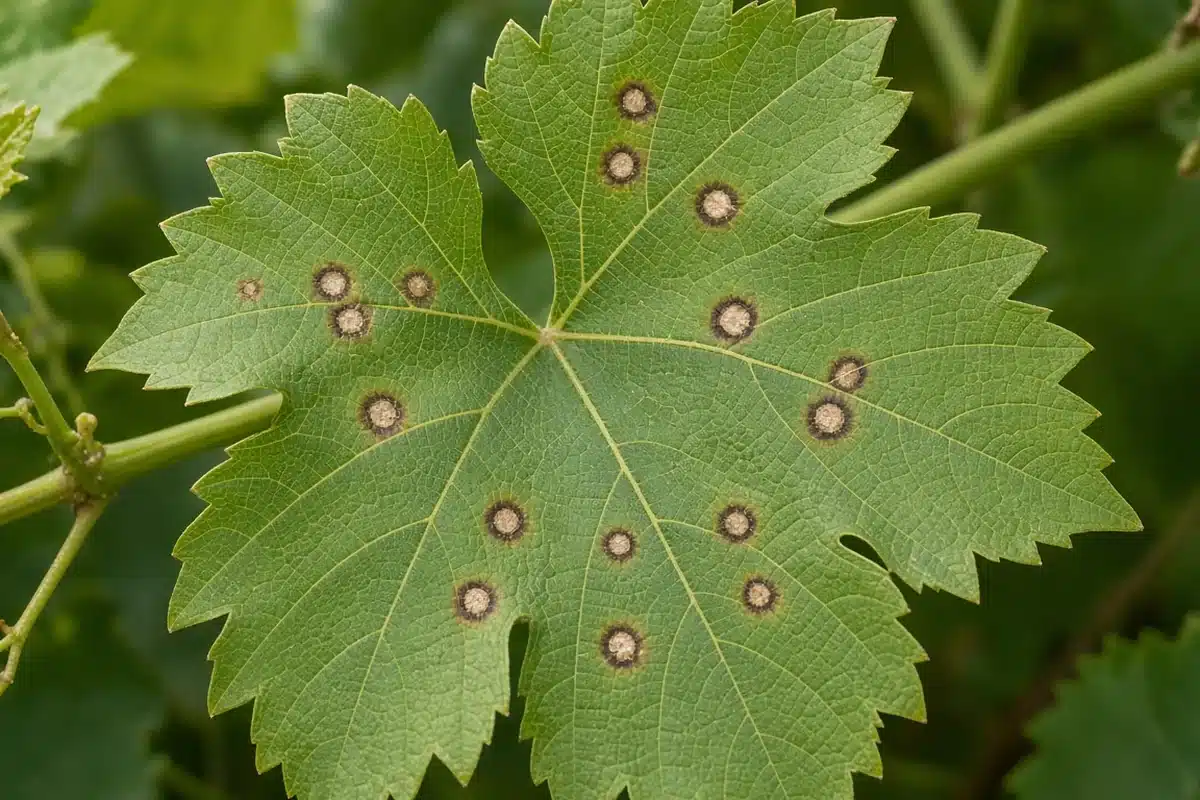 Grape leaf with tan spots and dark borders