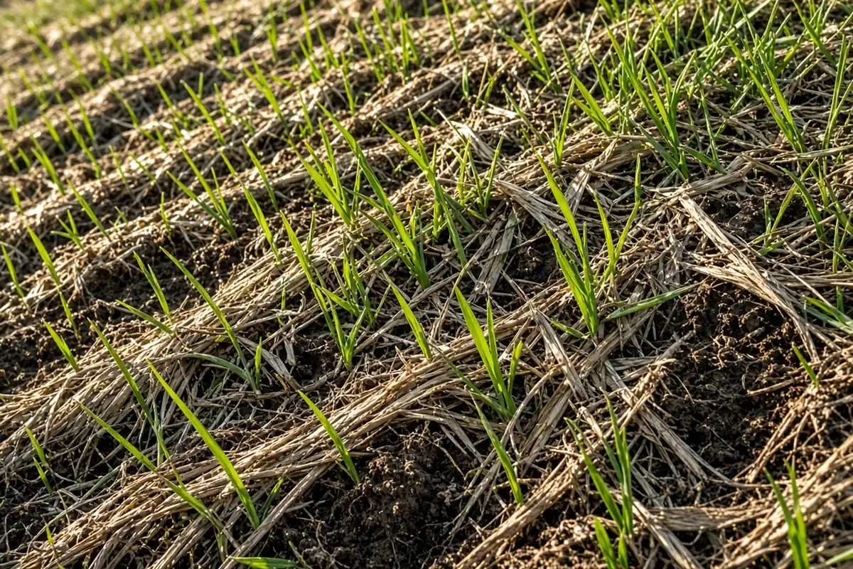 Grass sprouting through an erosion blanket on a bank