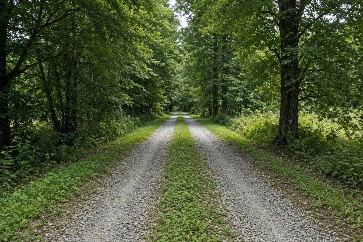 Gravel driveway with a planted center strip in summer