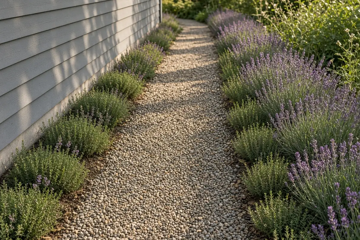 Gravel path between low lavender and thyme borders