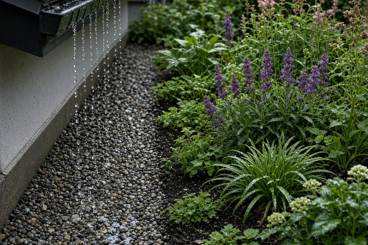Gravel strip catching roof runoff beside a bed