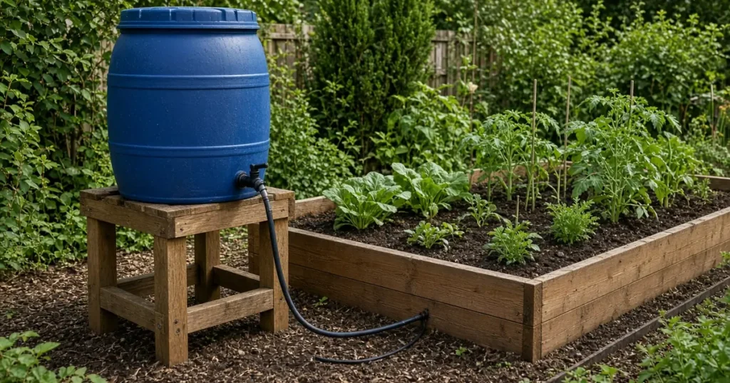 Rain barrel raised on a stand beside a garden bed