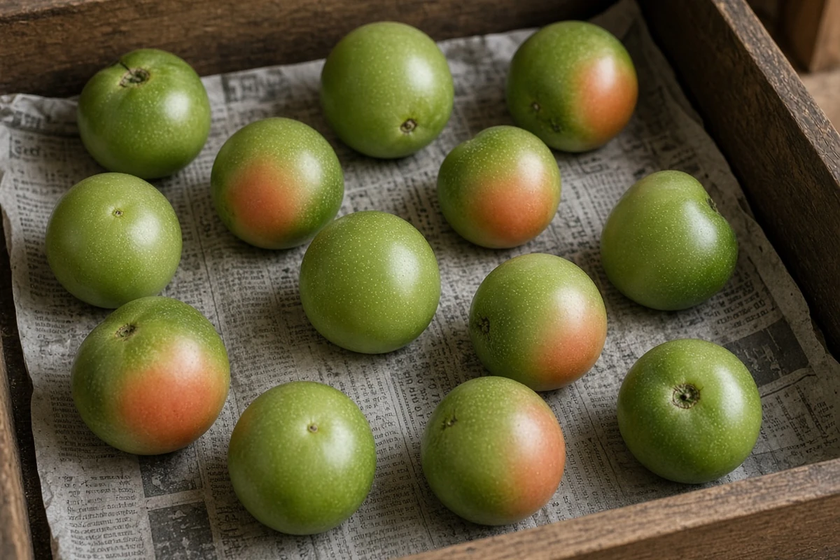 Green and blushing fruit ripening in one layer on paper in a wooden tray
