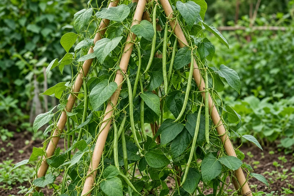 Green bean pods hanging from a teepee frame