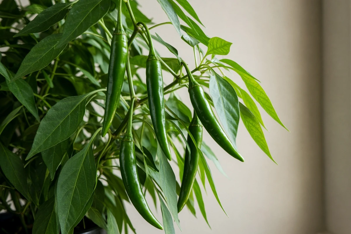 Green chili pods hanging on an indoor plant near a lit wall