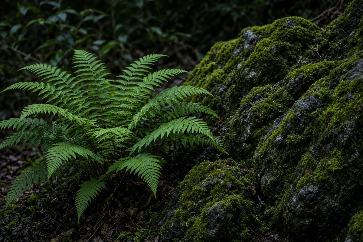 Green fern beside mossy rocks in deep shade