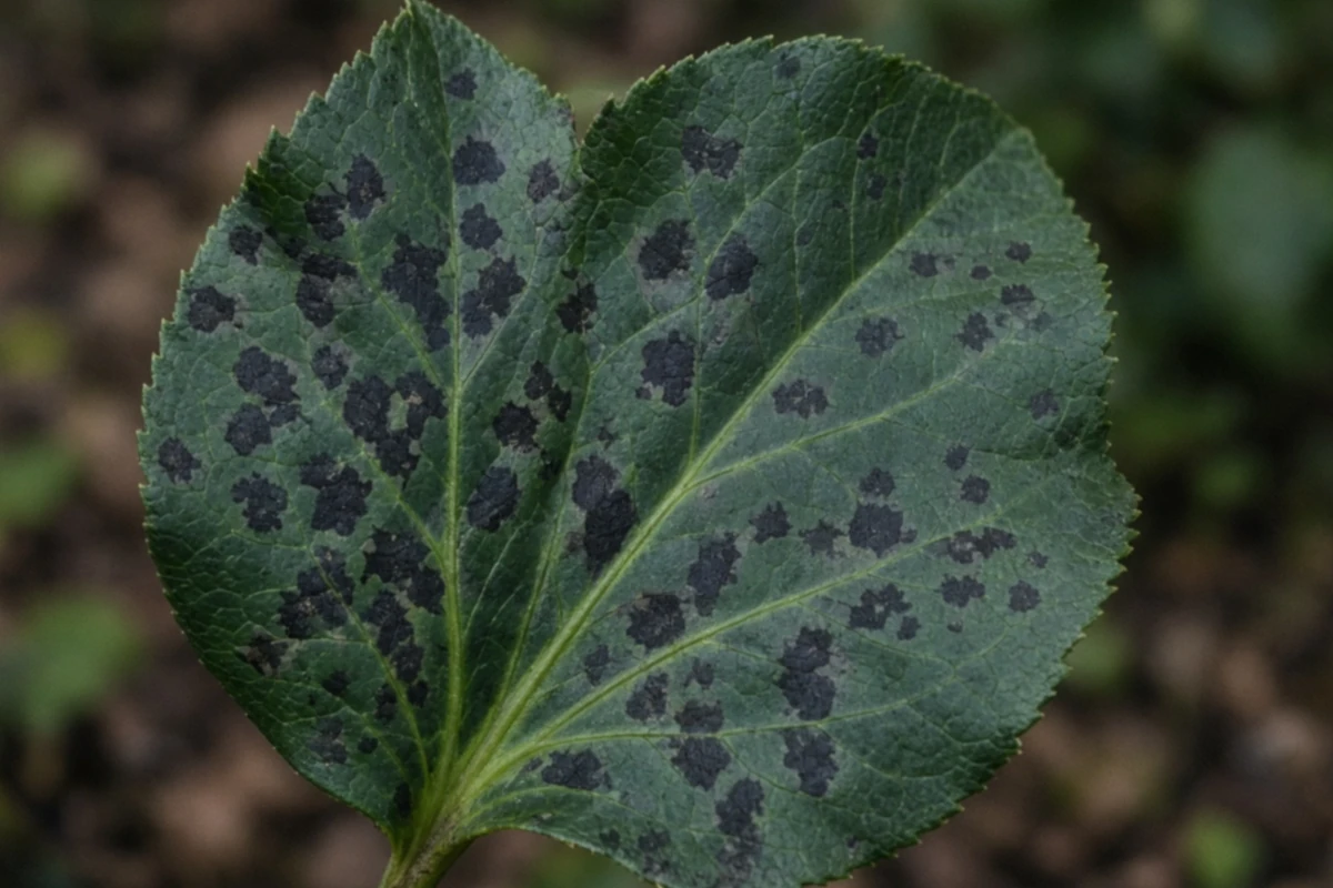 Green leaf covered in dark black spots