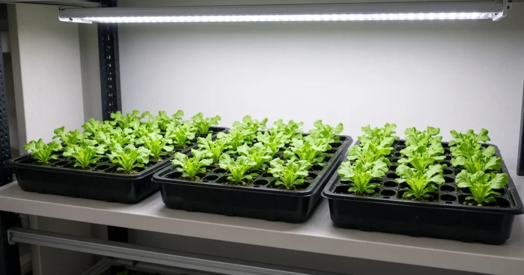 Trays of lettuce seedlings under a white LED light bar