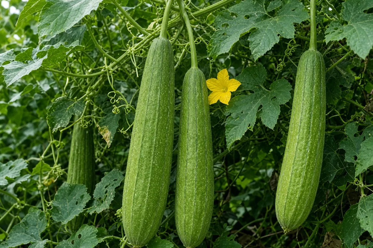 Green loofah gourds hanging from a vine