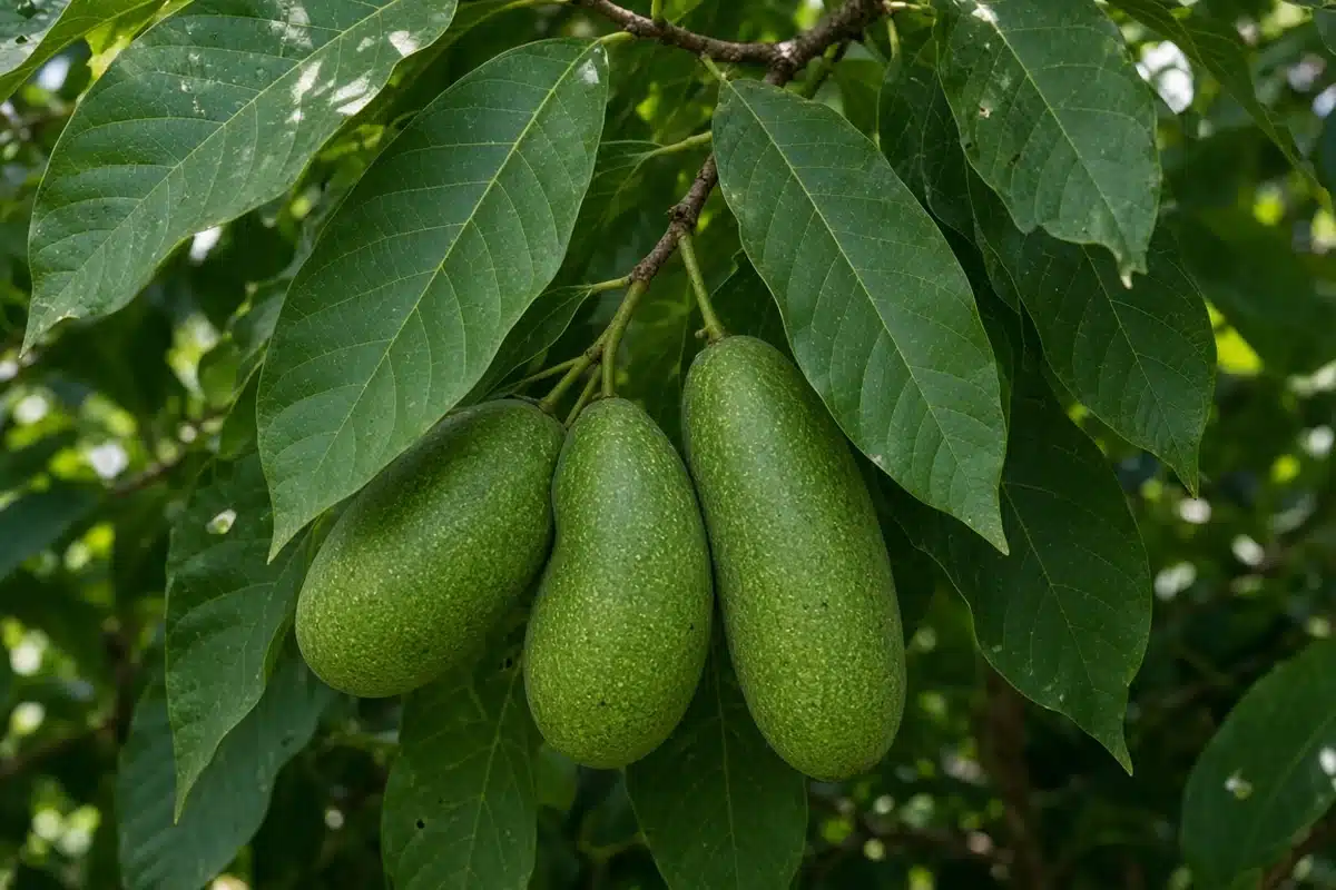 Green pawpaw fruit cluster on a branch