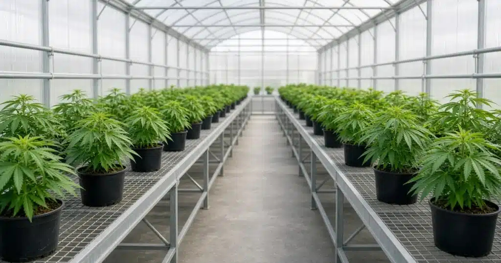 Rows of potted cannabis plants on galvanized wire mesh benches inside a bright polycarbonate greenhouse