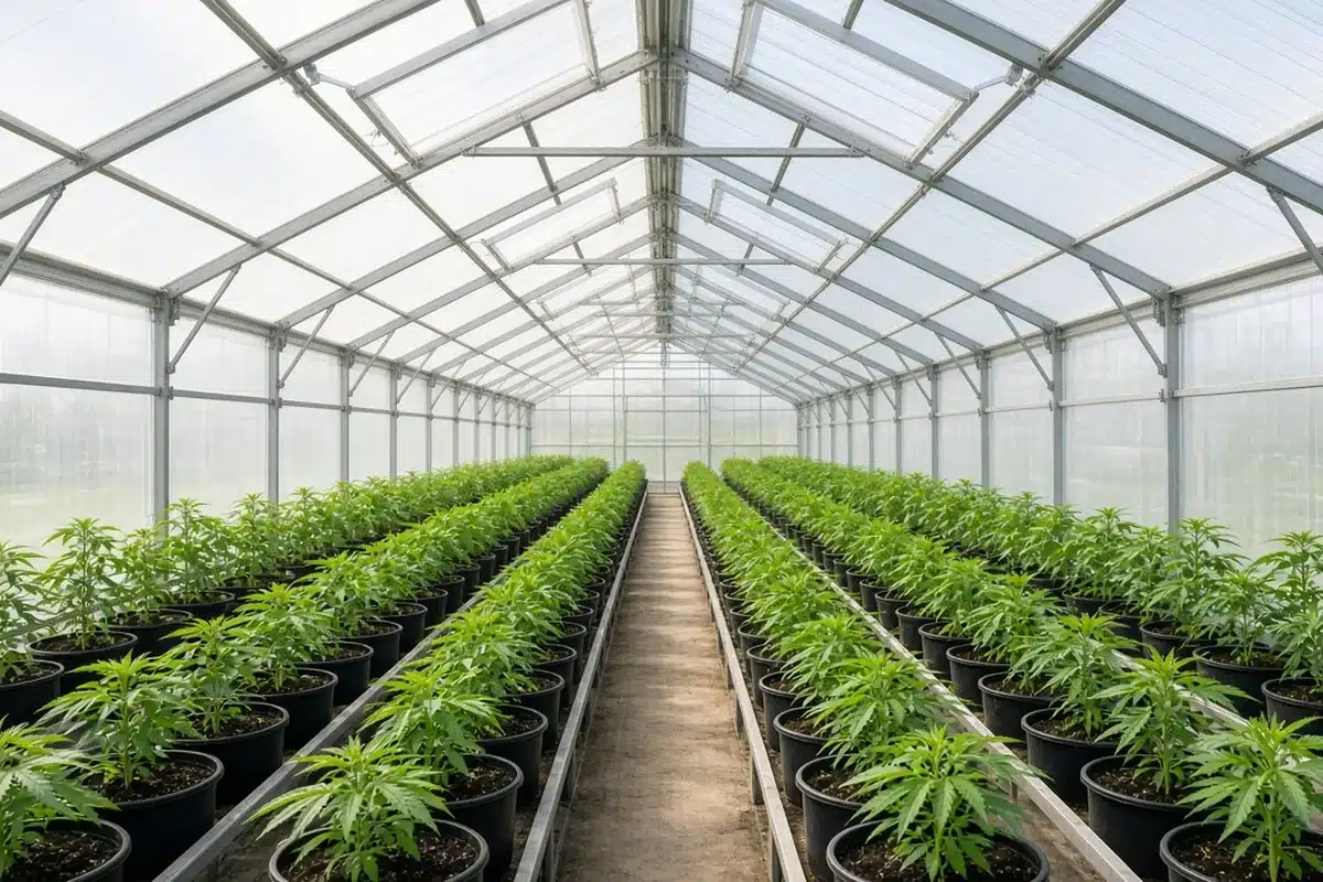 Cannabis plants growing in a greenhouse with open roof vents