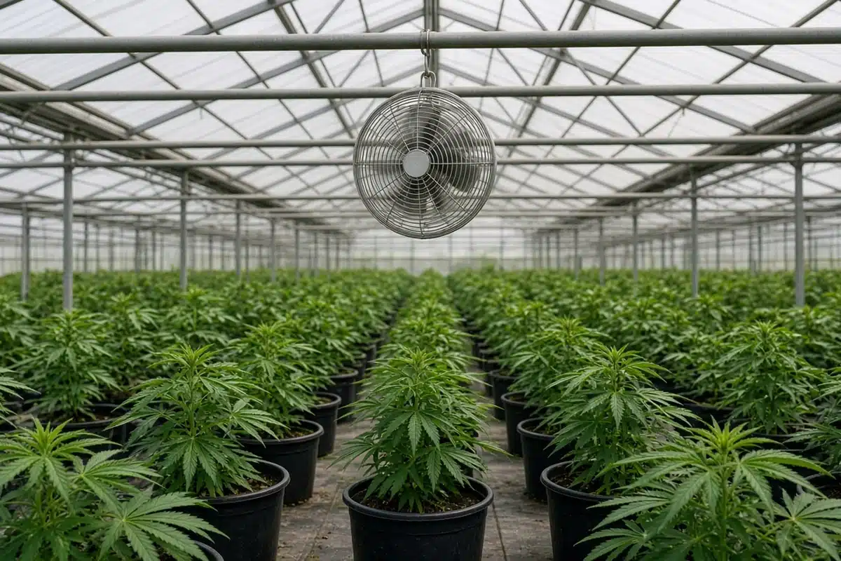 Small horizontal airflow fan hanging from a greenhouse truss above rows of potted cannabis