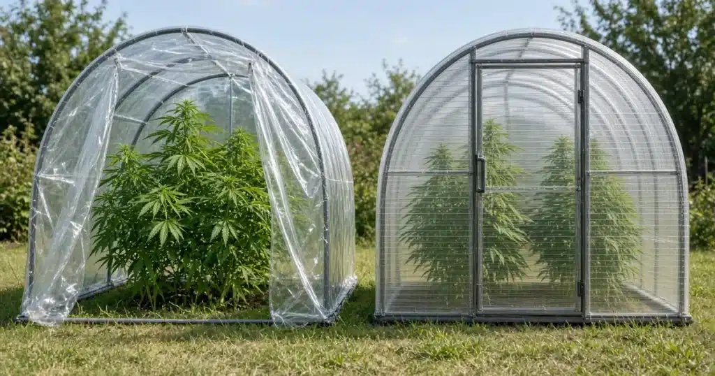 Two small greenhouses side by side, one in clear poly film and one in twin wall polycarbonate, with cannabis plants inside