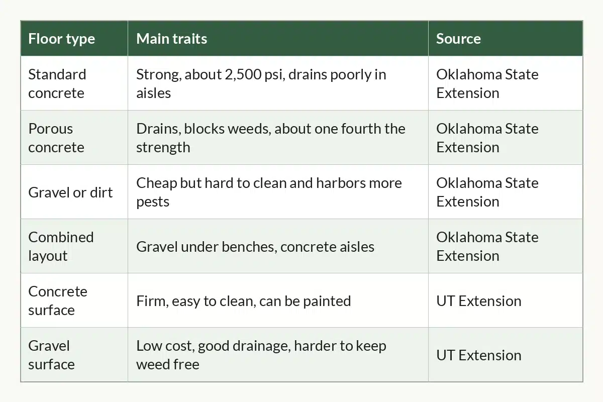 Table graphic of Greenhouse Flooring at a Glance, 6 rows by 3 columns