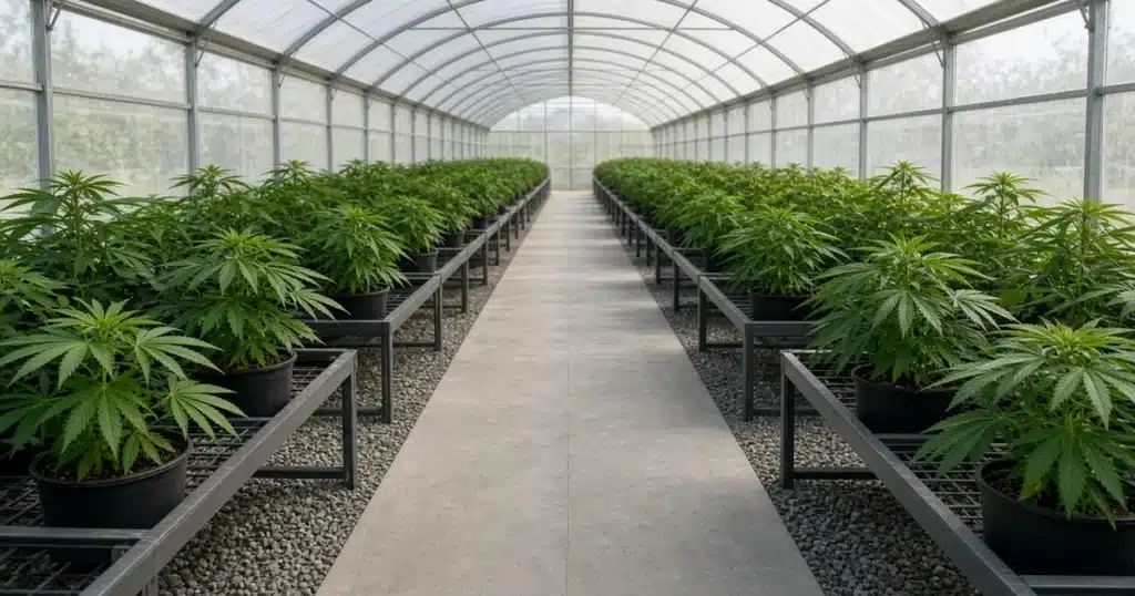 Greenhouse interior with a poured concrete center aisle, gravel beds under benches and potted cannabis plants