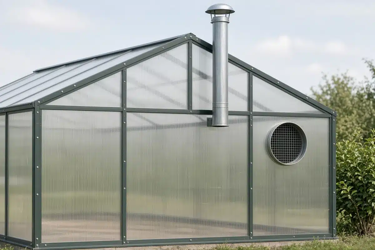 Metal flue pipe rising through a greenhouse roof beside a round fresh air intake on the end wall