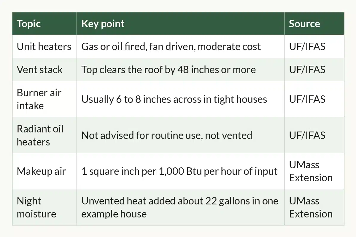 Table graphic of Greenhouse Heating Facts at a Glance, 6 rows by 3 columns