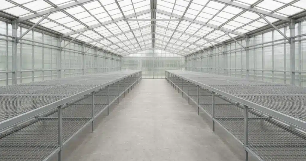 Empty swept greenhouse with clean wire benches and bare concrete aisles ready for a new cannabis crop