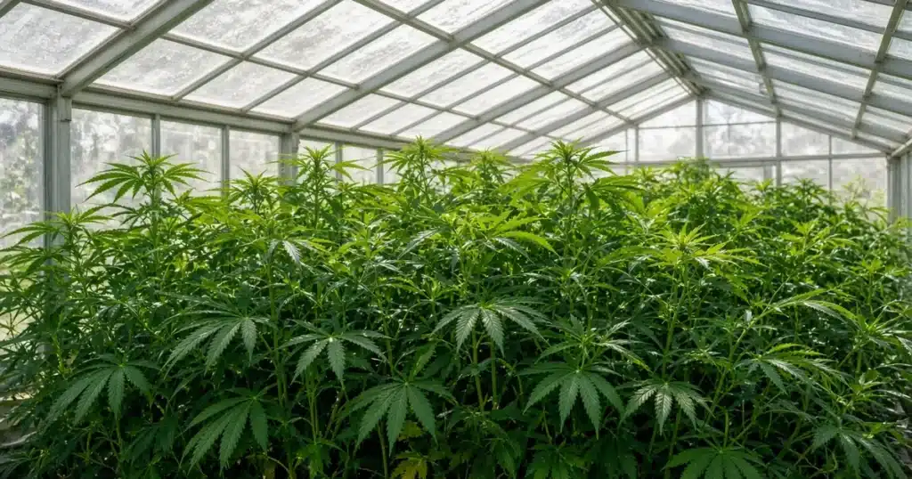 Glass greenhouse roof coated with a thin milky white shading layer over tall summer cannabis plants