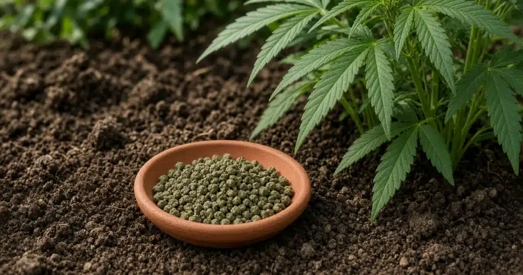 Small clay dish of olive green greensand pellets resting on loose soil near a leafy cannabis plant outdoors