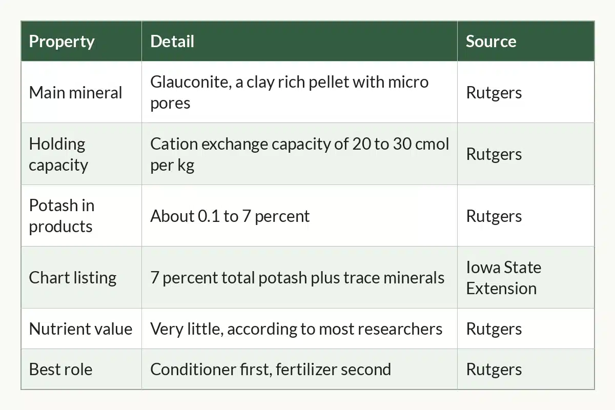 Table graphic of Greensand at a Glance, 6 rows by 3 columns
