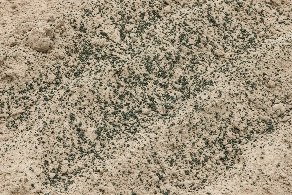 Thin layer of dark green greensand scattered over pale sandy soil in an outdoor garden bed before digging