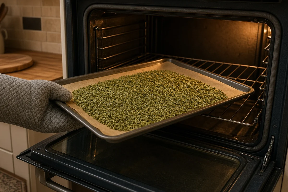 Tray of ground cannabis ready to decarboxylate in an oven