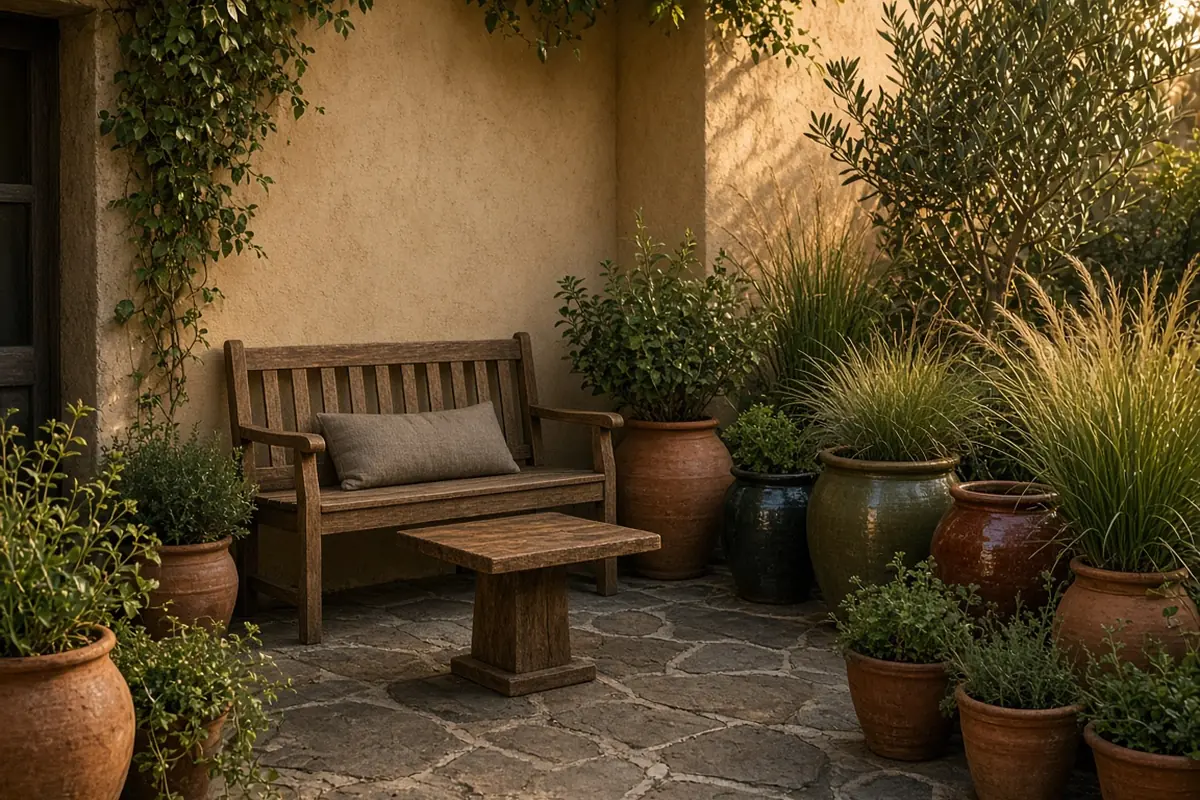 Grouped pots around a small seating area
