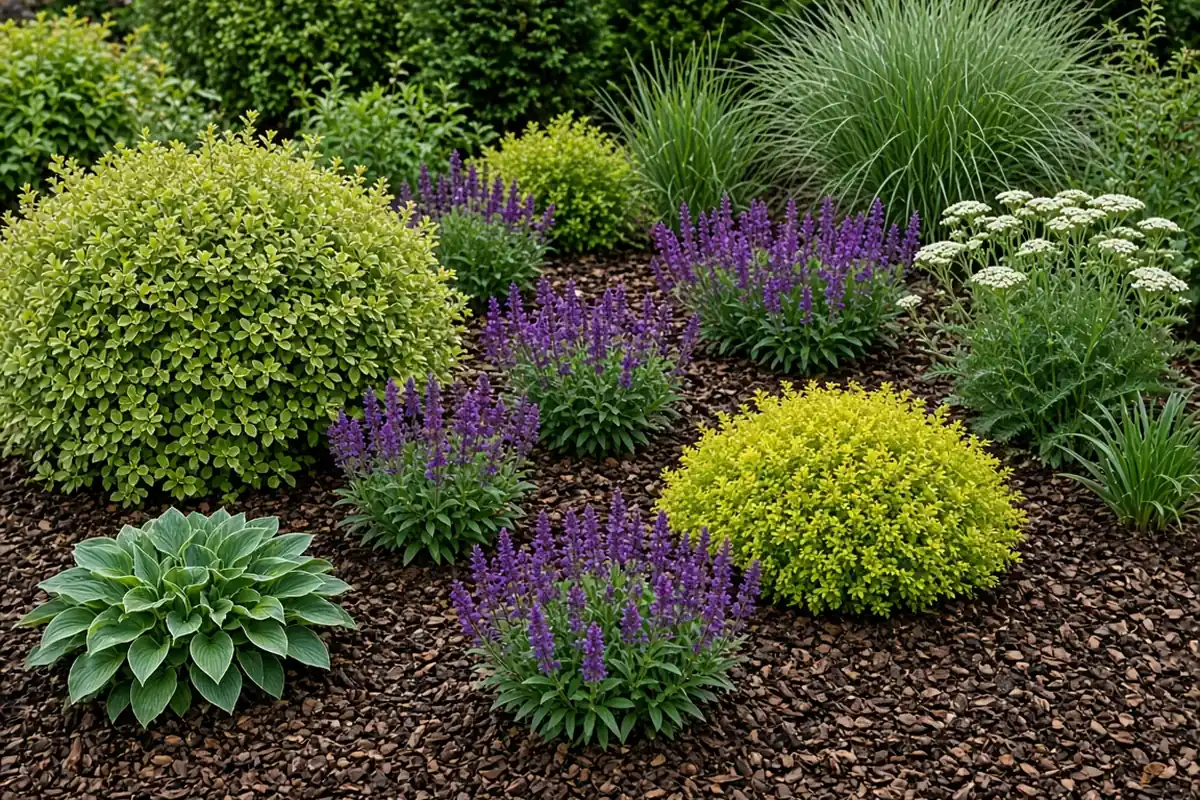 Grouped shrubs and perennials