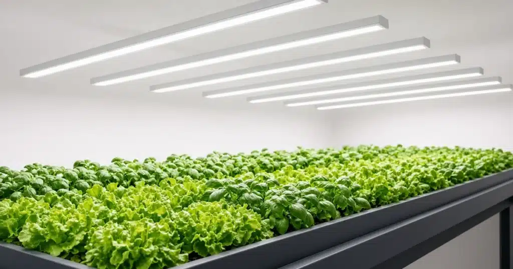 LED light bars evenly spaced over plants