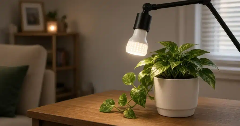 Screw in LED grow bulb in a desk lamp over a plant