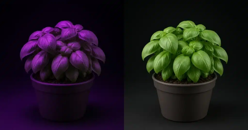 Leaves under purple LED light next to the same leaves under white light