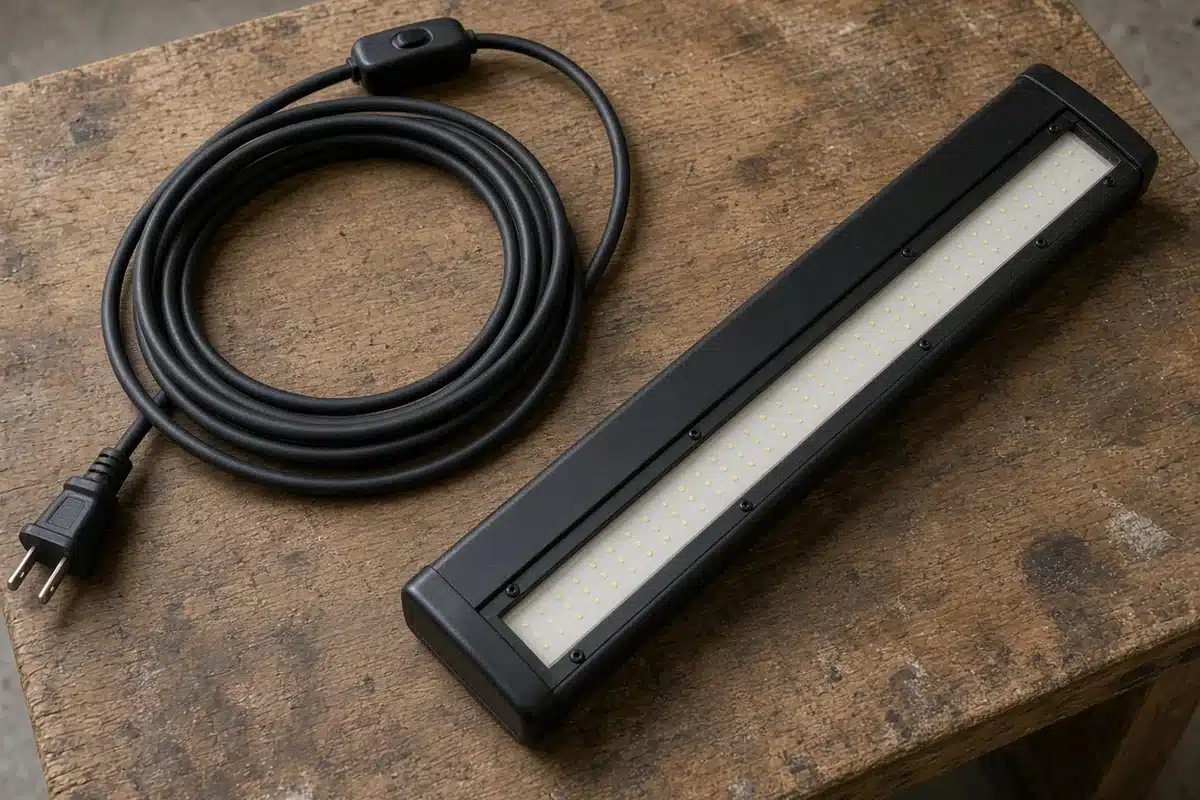 Grow light cord coiled loosely beside the fixture