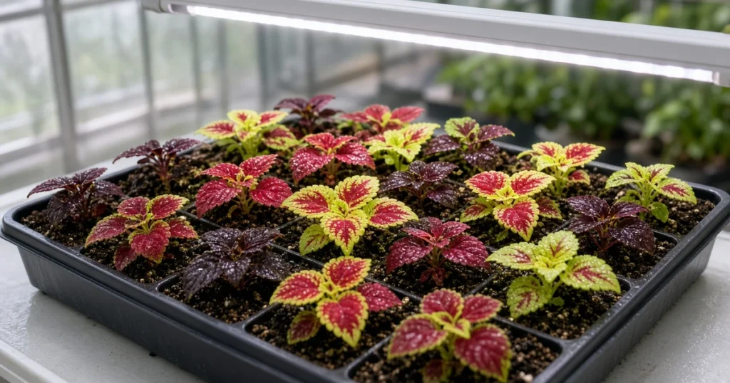 Coleus seedlings with colorful leaves under lights