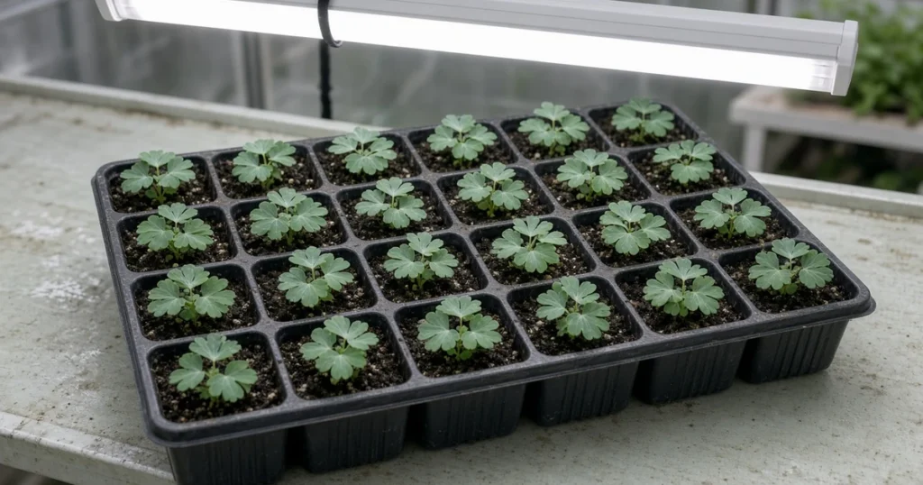 Columbine seedlings in a tray under lights