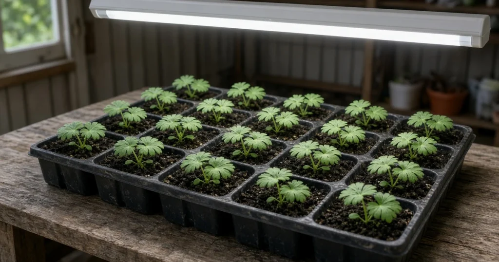 Delphinium seedlings under a grow light