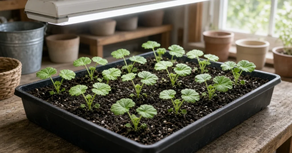 Geranium seedlings under a grow light