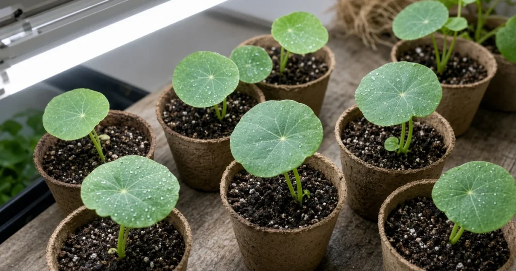 Nasturtium seedlings with round leaves under lights